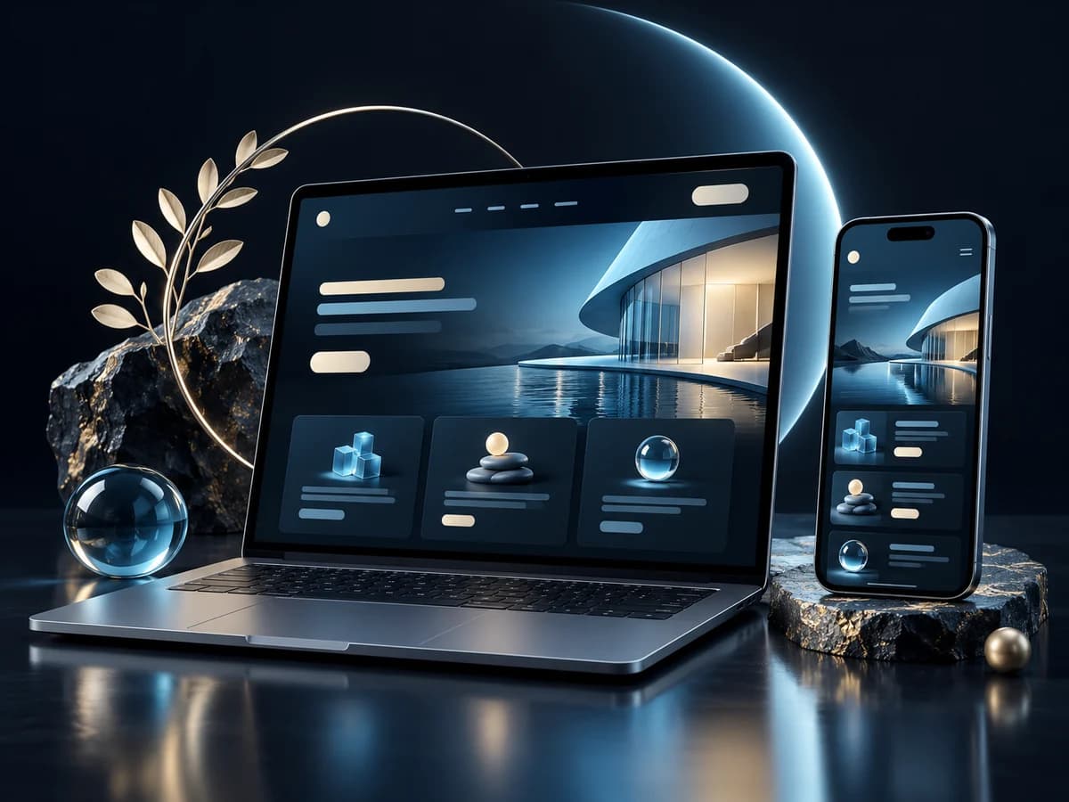 تصویر مفهومی لپ‌تاپ و موبایل با رابط وب هماهنگ در اندازه‌های مختلف